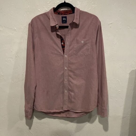 Stussy Button Down Collar Long Sleeve Shirt Black Tag Size L pink/red 100% CTN - Picture 1 of 6